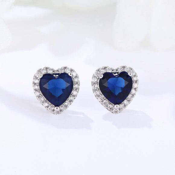 Women's Heart Blue Elegant Mall Dainty Halo Birthstone Cubic Zirconia Earring - Picture 4 of 6